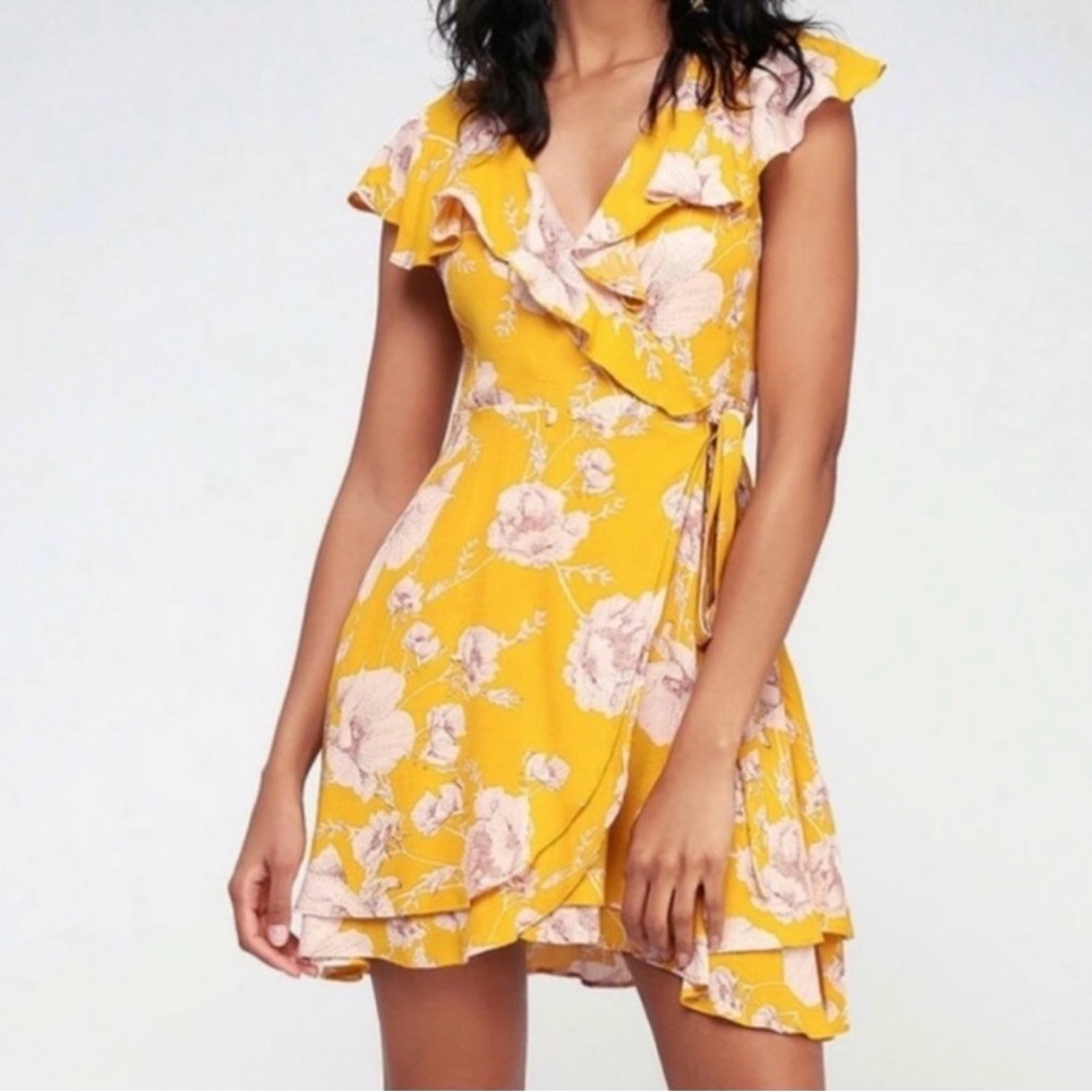 Free People Yellow Floral Ruffle Wrap Dress
